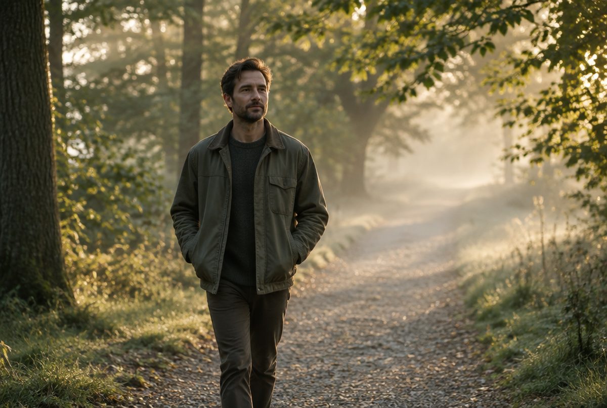 A man walking on a quiet tree-lined path in early morning light