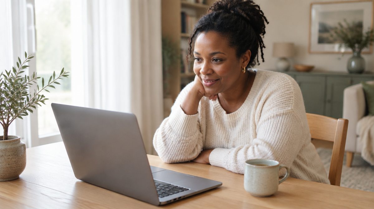A woman at home taking a telehealth appointment at her dining table